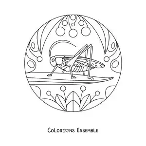 Image à colorier d’un grillon avec des fleurs