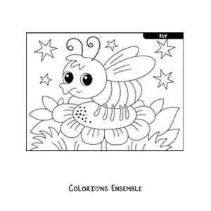 Image à colorier d’une mouche domestique rigolote sur une fleur