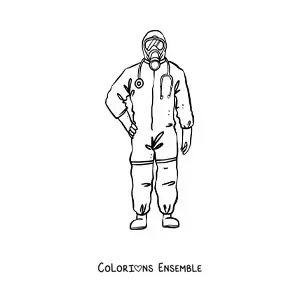 Image à colorier d’un membre du personnel médical en combinaison de protection