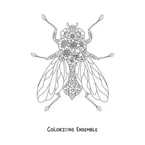 Image à colorier d’une mouche avec des fleurs