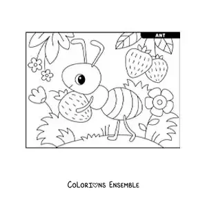 Image à colorier d’une fourmi kawaii qui ramasse des fraises