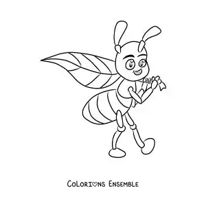 Image à colorier d’une fourmi rigolote qui porte une feuille