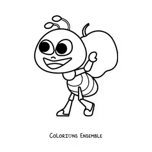 Image à colorier d’une fourmi rigolote qui récolte de la nourriture