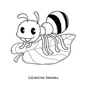 Image à colorier d’une fourmi animée sur une feuille