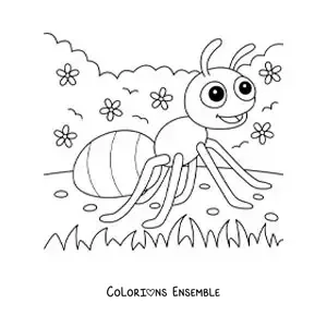 Image à colorier d’une fourmi animée dans un jardin