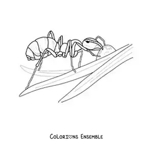 Image à colorier d’une fourmi qui travaille sur une feuille
