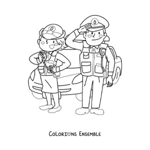 Image à colorier de deux policiers à côté d’une voiture de patrouille