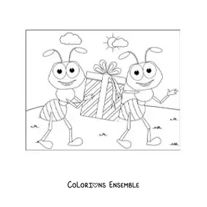 Image à colorier de fourmis animées qui travaillent en équipe