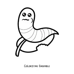 Image à colorier d’un petit ver kawaii qui mange une feuille