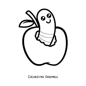 Image à colorier d’un petit ver kawaii sur une pomme