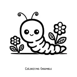 Image à colorier d’un ver de terre kawaii animé avec des fleurs