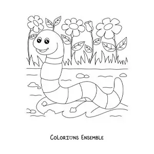 Image à colorier d’un ver de terre animé qui mange une feuille