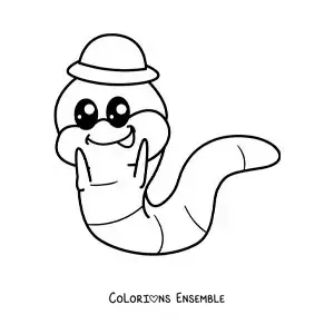Image à colorier d’un ver de terre rigolo kawaii avec un chapeau