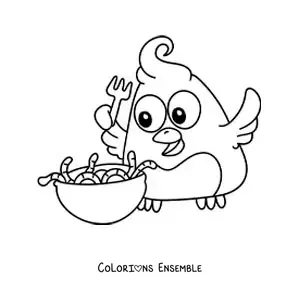 Image à colorier d’un oiseau animé qui mange une assiette de vers