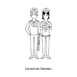 Image à colorier d’un couple de policiers avec des masques