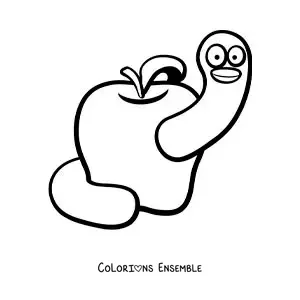 Image à colorier d’un dessin de ver animé dans une pomme