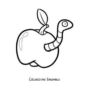 Image à colorier d’un ver rigolo animé dans une pomme