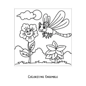 Image à colorier d’une libellule animée à côté de quelques fleurs