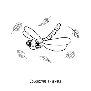 Image à colorier d’une belle libellule animée qui vole avec des feuilles