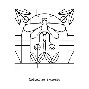 Image à colorier d’un vitrail avec une libellule et des fleurs