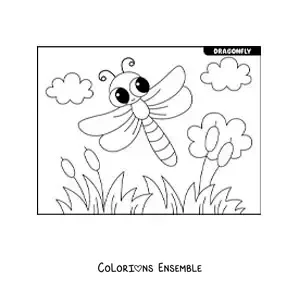 Image à colorier d’une libellule kawaii qui vole dans un jardin