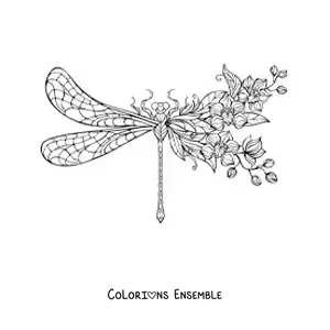 Image à colorier d’une belle libellule avec des fleurs