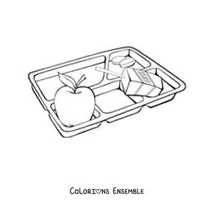 Image à colorier d’un plateau-repas d’école avec une pomme et une brique de jus