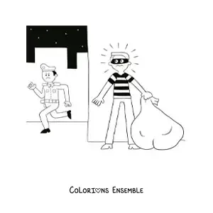 Image à colorier d’un policier poursuivant un voleur dans la nuit