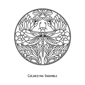 Image à colorier d’un mandala de libellule avec des fleurs