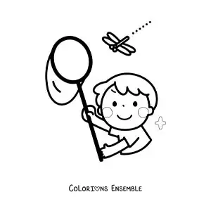 Image à colorier d’un garçon qui attrape une libellule avec un filet