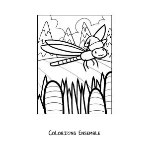 Image à colorier d’une libellule animée avec un bonnet de Noël
