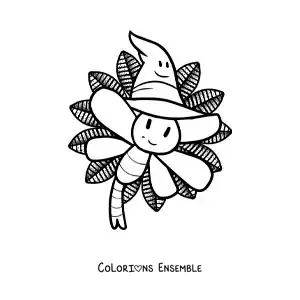 Image à colorier d’une libellule animée avec un chapeau d’Halloween