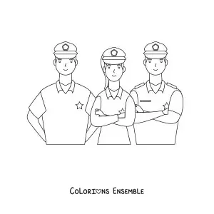 Image à colorier de trois policiers regardant devant eux