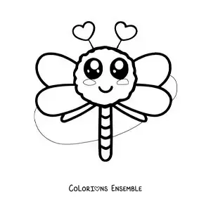 Image à colorier d’une libellule kawaii avec des cœurs