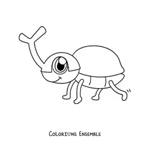 Image à colorier d’un scarabée rhinocéros kawaii animé