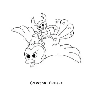 Image à colorier d’un lucane animé qui vole sur un oiseau