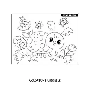 Image à colorier d’un lucane animé dans un jardin avec des fleurs
