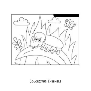 Image à colorier d’un scarabée rhinocéros animé dans un jardin