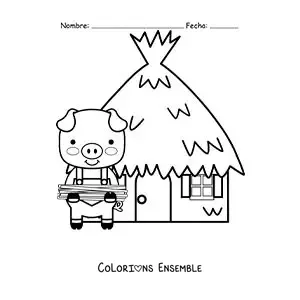 Image à colorier de l’un des trois petits cochons avec sa maison de paille