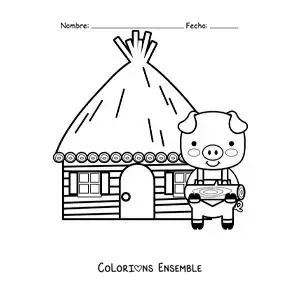 Image à colorier de l’un des trois petits cochons avec sa maison de bois