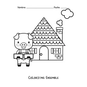 Image à colorier de l’un des trois petits cochons avec sa maison de briques