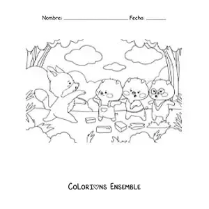 Image à colorier des trois petits cochons qui fuient le loup