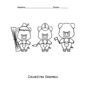 Image à colorier des trois petits cochons qui construisent leurs maisons