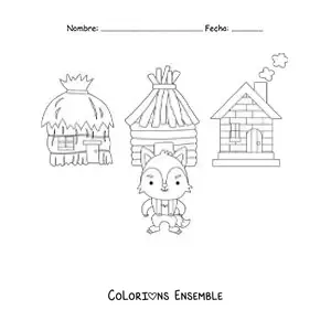 Image à colorier du grand méchant loup qui abat les maisons des trois petits cochons