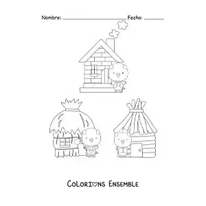 Image à colorier des trois petits cochons et leurs maisons