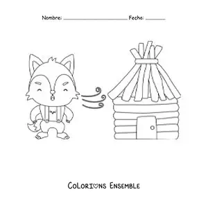 Image à colorier du grand méchant loup qui souffle pour abattre la maison en bois