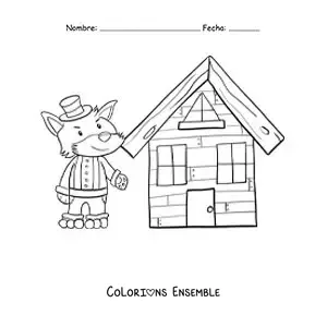Image à colorier du grand méchant loup et de la maison en briques