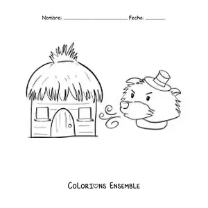 Image à colorier du grand méchant loup qui souffle pour abattre la maison en paille
