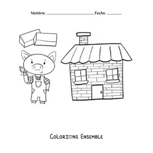 Image à colorier d'un des trois petits cochons qui construit sa maison en briques