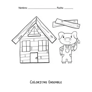 Image à colorier d'un des trois petits cochons qui construit sa maison en bois